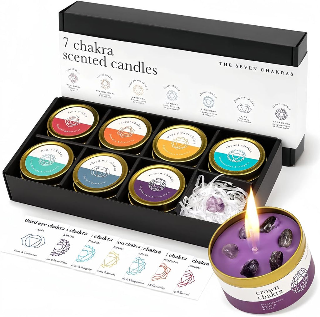 Chakra Candles Gift Set for Women and Men. with 7 Chakra Healing Crystal Bracelet – Aromatherapy Candles for Meditation, Yoga, Stress Relief & Spiritual Balance – Made with Natural Soy Wax