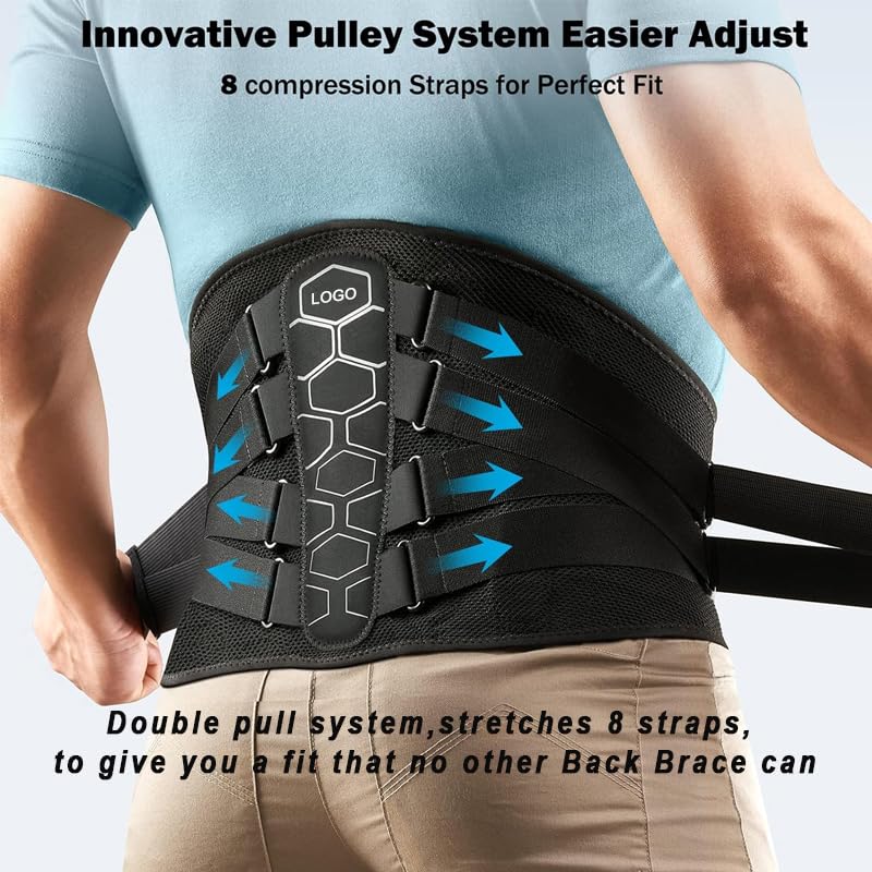 Back Brace for Lower Back Pain Relief - Medical Grade 8-Strap Lumbar Support Belt with Steel Stays - Adjustable Back Belt Support for Men and Women (L)